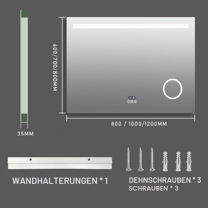 LED Badspiegel mit Beleuchtung 80x60 cm, Bad Spiegel Gross badezimmerspiegel mit Steckdose + Uhr und