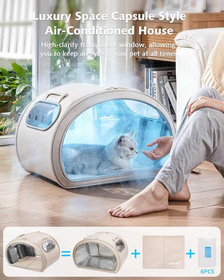Pecute Katzenkühlhaus mit Dual-Kühl-System (6 Kühlakkus & Gel-Matte) – Faltbares Katzenzelt Sommer,