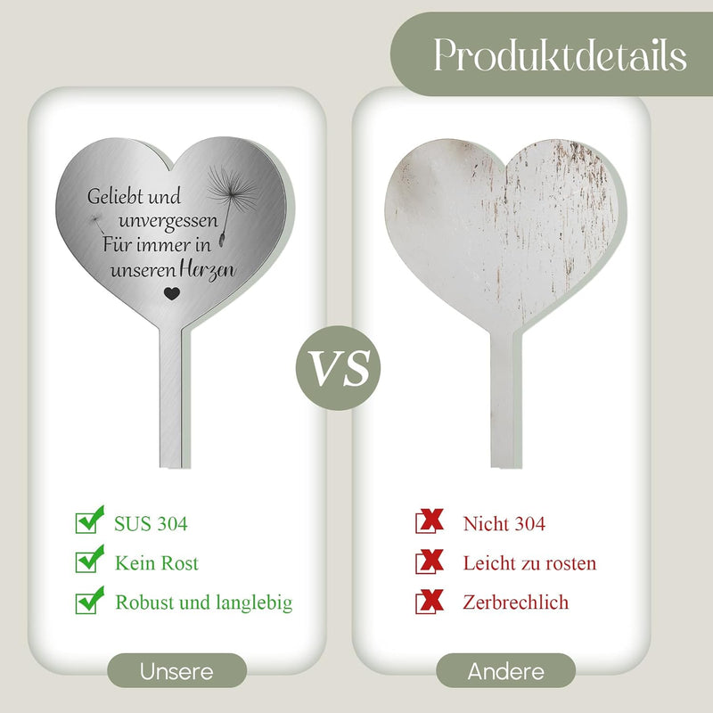 Photect Grabstecker 304 Edelstahl Herz mit Spruch Geliebt und Unvergessen Für Immer in Unseren Herze