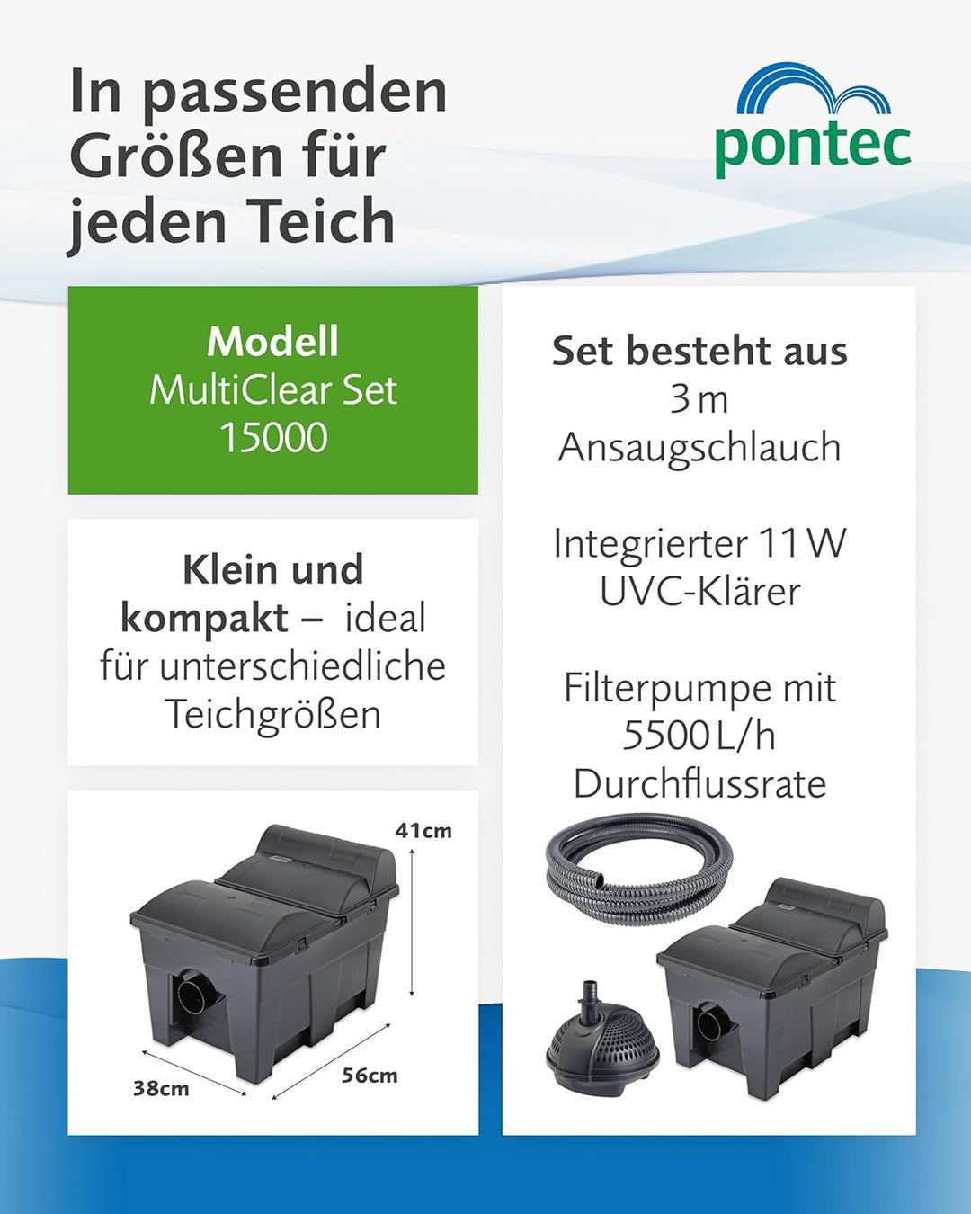 Pontec 42752 MultiClear Set 15000 - Komplettset aus Filterpumpe und Durchlauffilter / Durchlauffilte