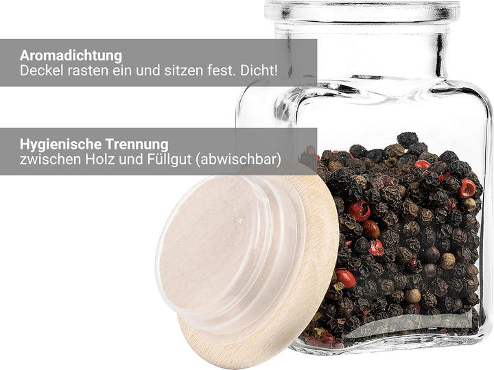 Giessle 30 Stück Gewürzgläser mit Buchendeckel (aus Holz ohne Leim) und 94x passenden Etiketten, Vor