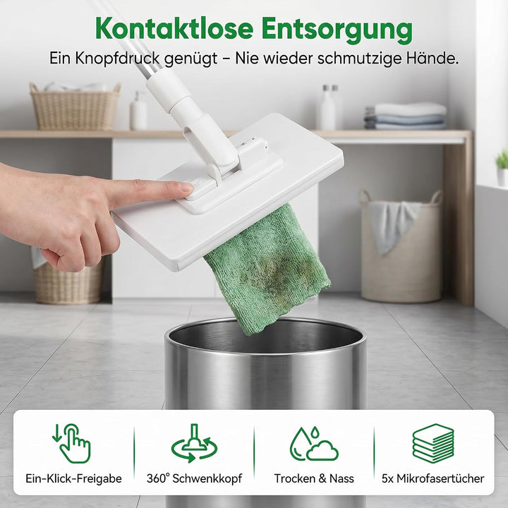 Wischmopp mit Druck Klemm System, Waschmopp Mit 10 Wiederverwendbaren Mikrofasertüchern Ohne Waschen