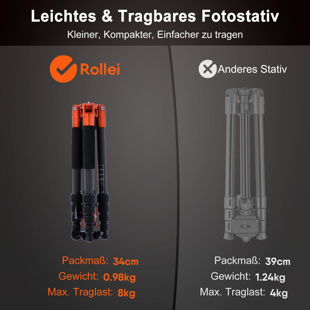 Rollei Compact Traveler No. 1 Carbon - sehr leichtes Reisestativ aus Carbon mit einem Packmass von n