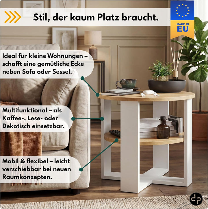 Couchtisch rund Eiche Ø53 cm -Kleiner Beistelltisch mit Ablage - 2 Ebenen, runder moderner Kaffeetis