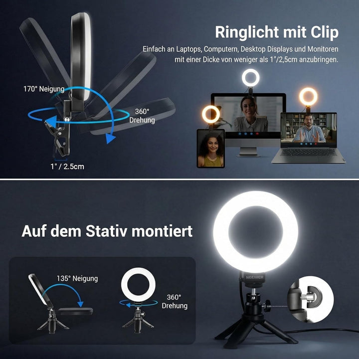 NEEWER BASICS 5" Ringlicht mit Klemme und Mini Stativ, 10W 3000k-6000K Dimmbares Ansteckleuchte für