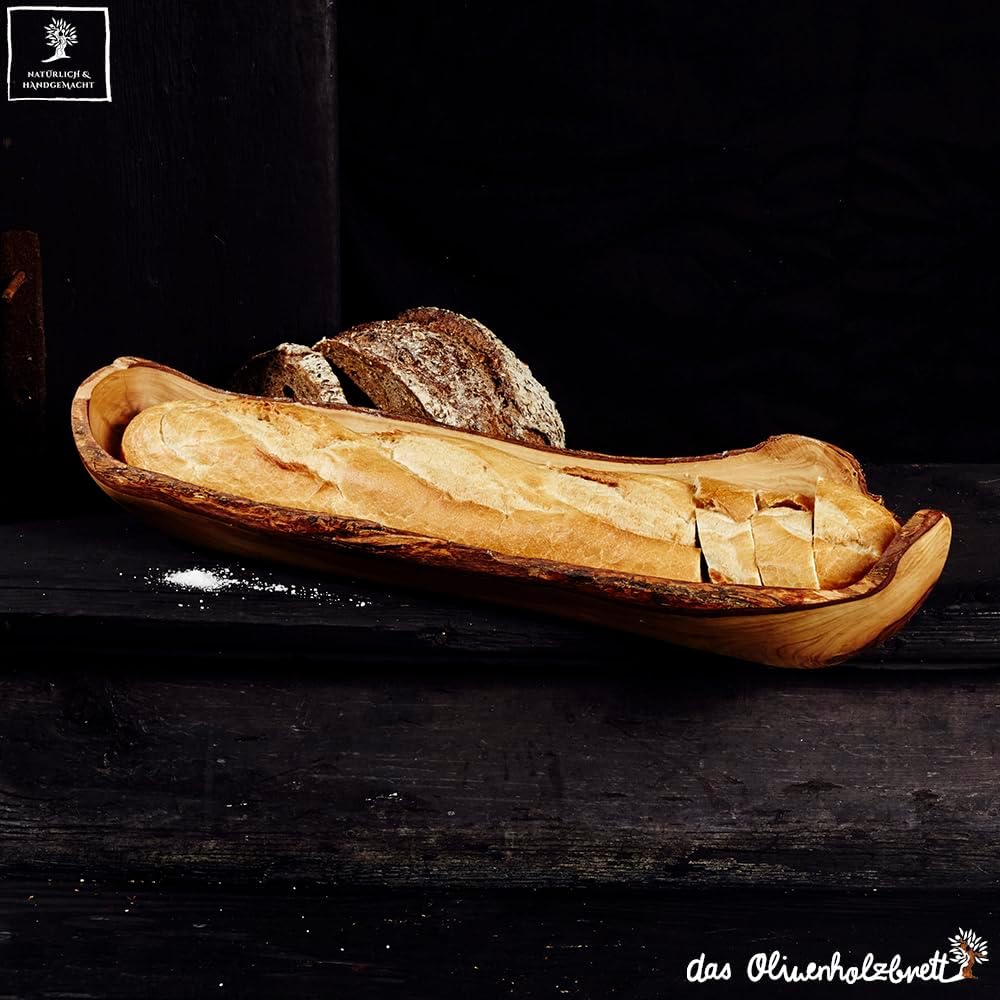 DAS OLIVENHOLZBRETT® Baguetteschale Olivenholz, Brotschale aus Holz, naturbelassener Rand, 40 cm, sp