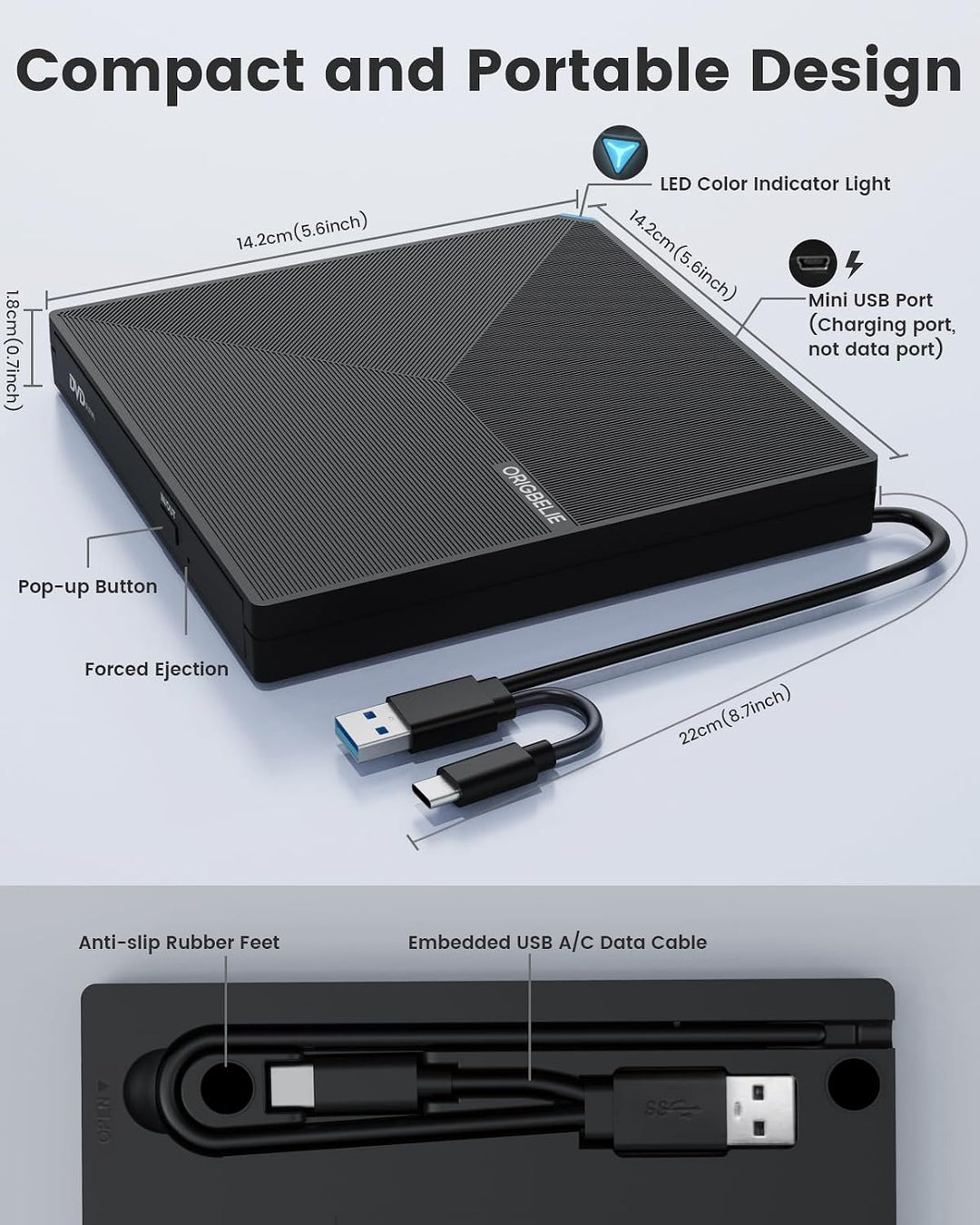 ORIGBELIE Externes DVD Laufwerk, USB 3.0 Typ C CD DVD +/-RW Externer DVD Brenner, Ultra-Slim Externe