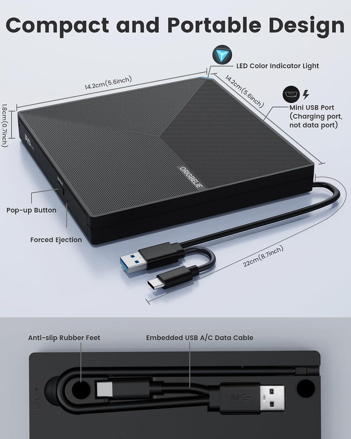 ORIGBELIE Externes DVD Laufwerk, USB 3.0 Typ C CD DVD +/-RW Externer DVD Brenner, Ultra-Slim Externe