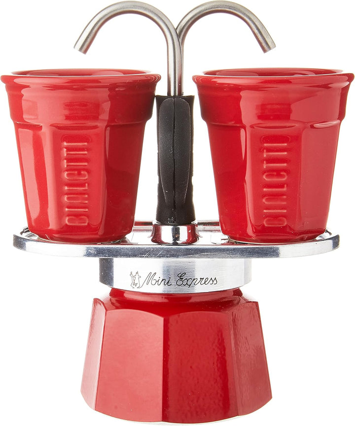Bialetti Mini Express Color, Set Caffettiera 2 Tazze + 2 Bicchierini, Alluminio, Rosso Rot New Colle