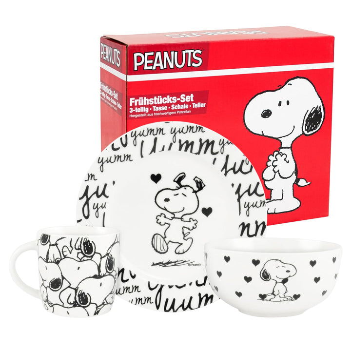 United Labels Snoopy Frühstücksset Kinder, Snoopy yumm, Geschirr Set Porzellan, 3-teilig mit Teller,