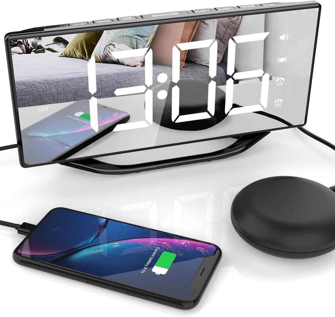 Lauter Wecker mit Bettshaker für Schwere Schläfer, Digital Doppelwecker mit Vibration, 8.7'' LED Spi