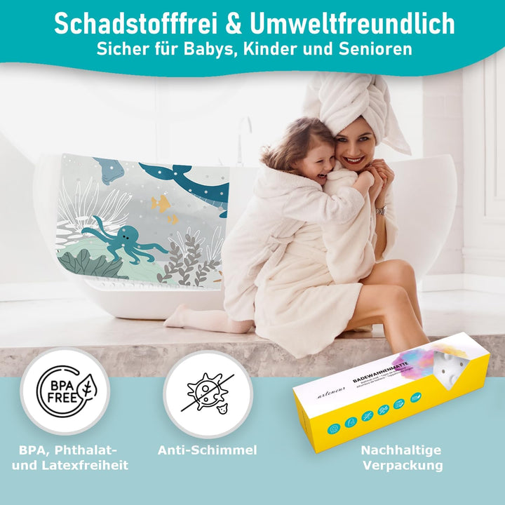 Badewannenmatte 100x40 cm Wasserwelt Grau | Badematte rutschfest | Inkl. Aufhängung | Schimmelresist