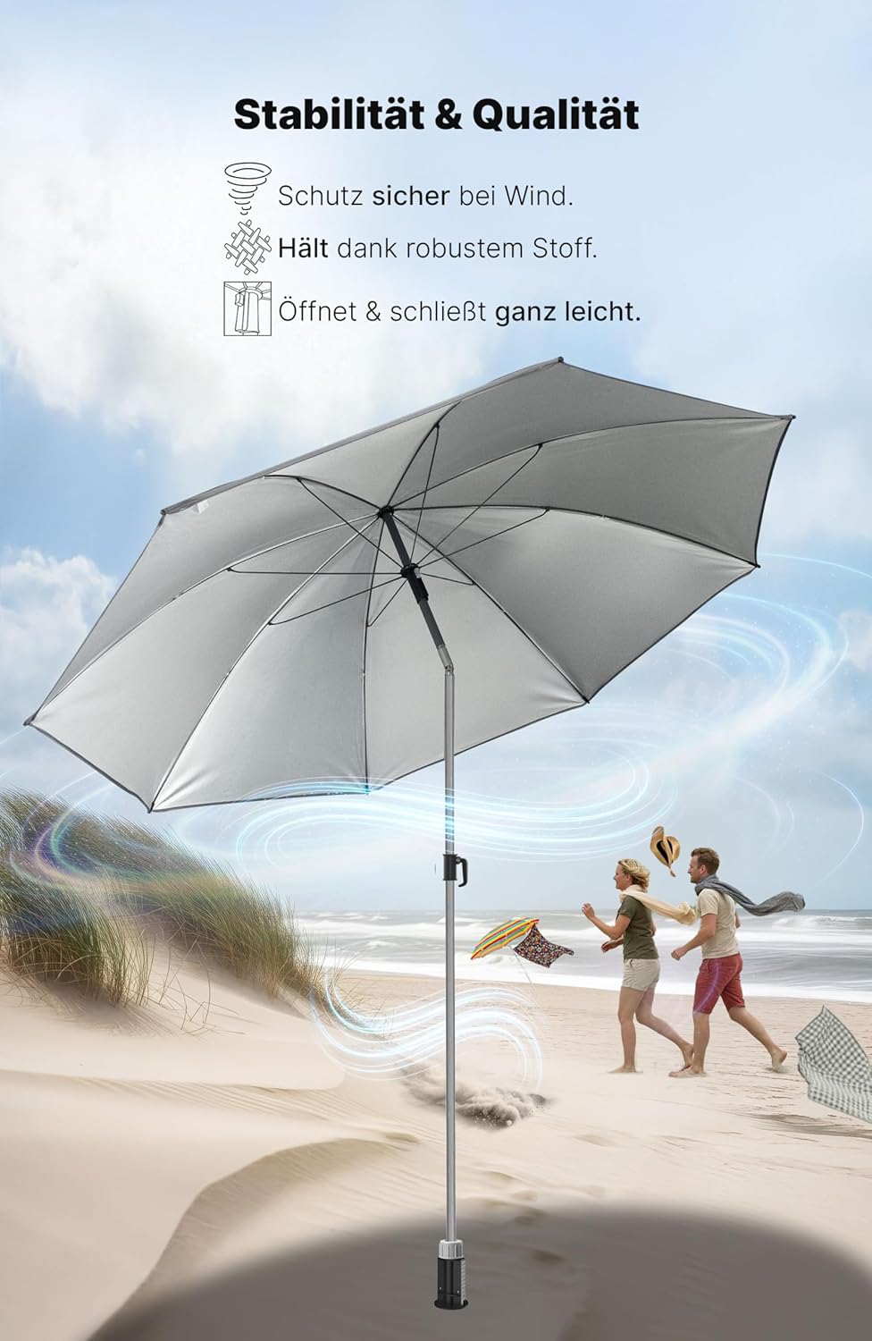 4smile Sonnenschirm Strand SunnyJoy, Anthrazit - UPF 50+ Strandschirm Ø 180 cm, sicherer Sonnenschut