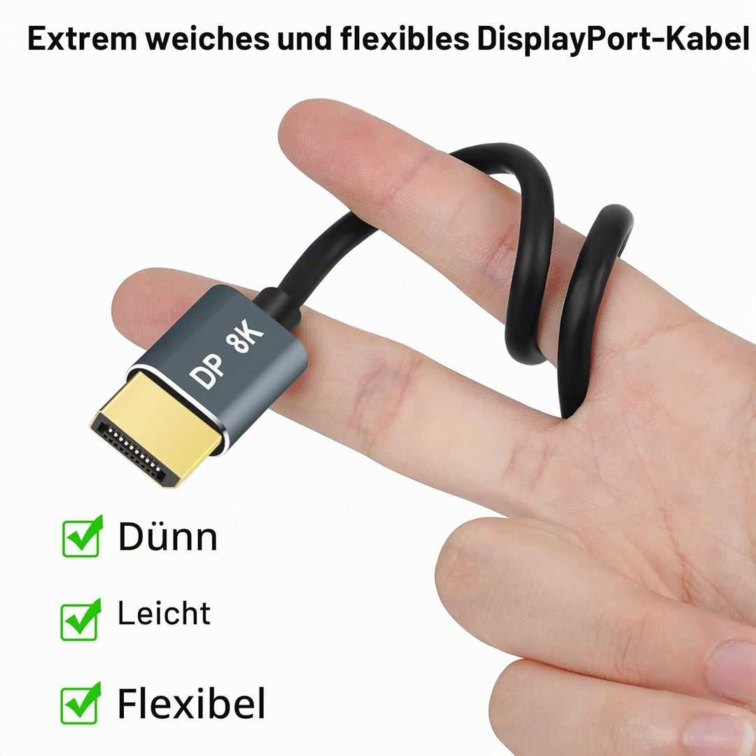 Thsucords DisplayPort Kabel 3M 2 Stück, Zertifiziert Ultradünnes 8K 4K DP auf DP 1.4 Kabel, Flexibel
