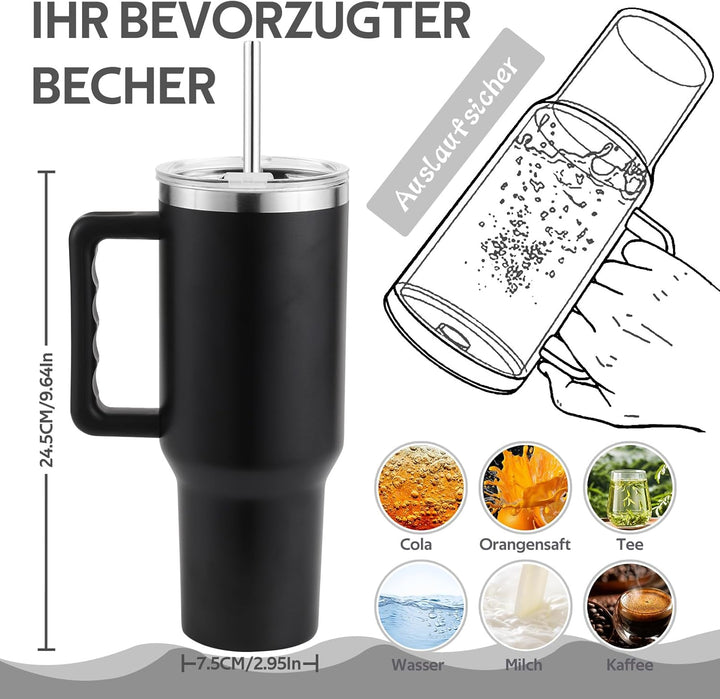 PRAOAHEI 40oz/1180 ML Thermobecher mit Strohhalm und Henkel Kaffeebecher to Go, Auslaufsicher Trinkb