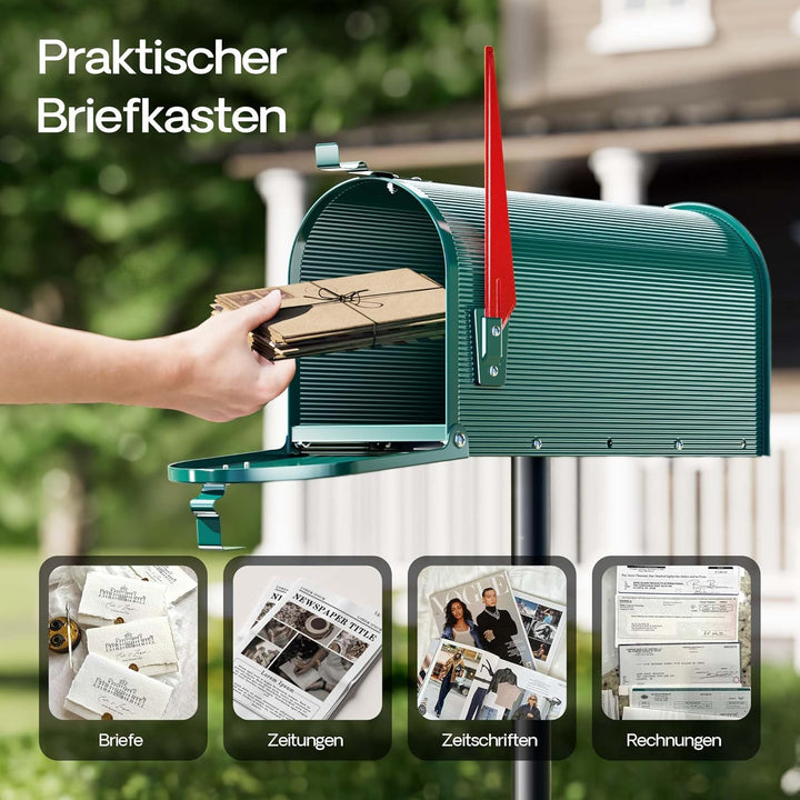 Wiltec US Mailbox grün 150 x 513 x 223 mm, amerikanischer Briefkasten mit Fahne, Wandbriefkasten ode