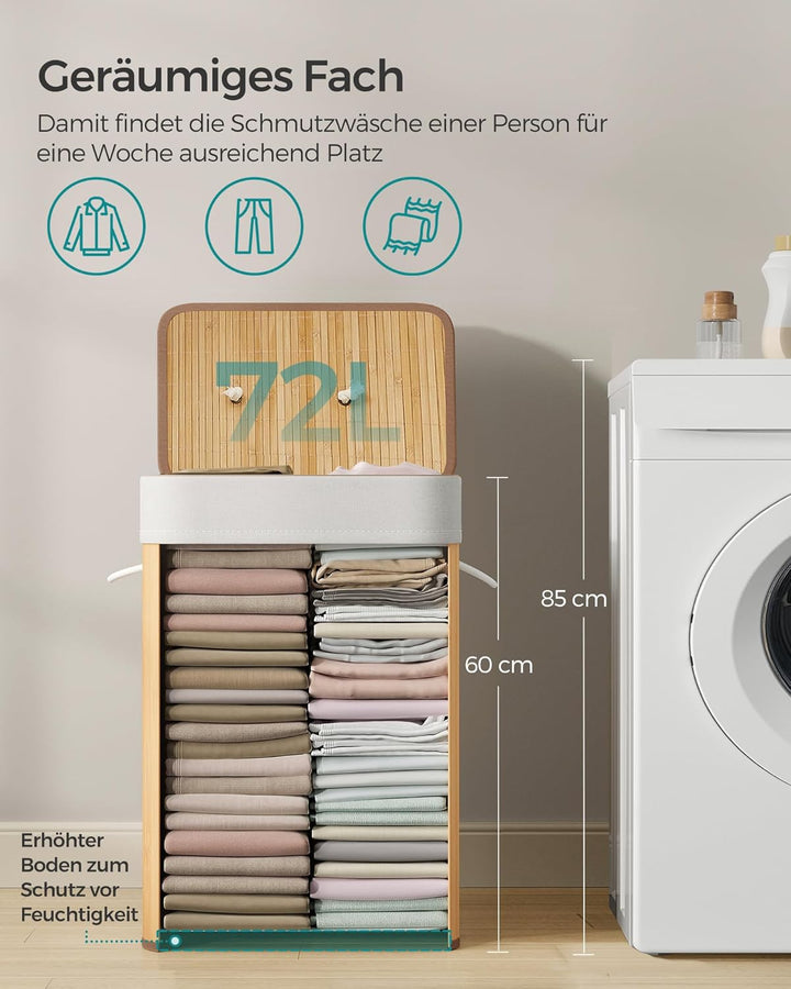 SONGMICS Wäschekorb mit Deckel, 72 Liter, Wäschesammler aus Bambus, faltbar, Wäschesack herausnehmba