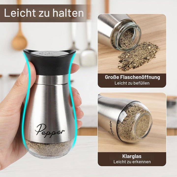 Salz und Pfefferstreuer Set, Salz und Pfefferstreuer Set mit Halter, 8 Stück Edelstahl und Glasflasc