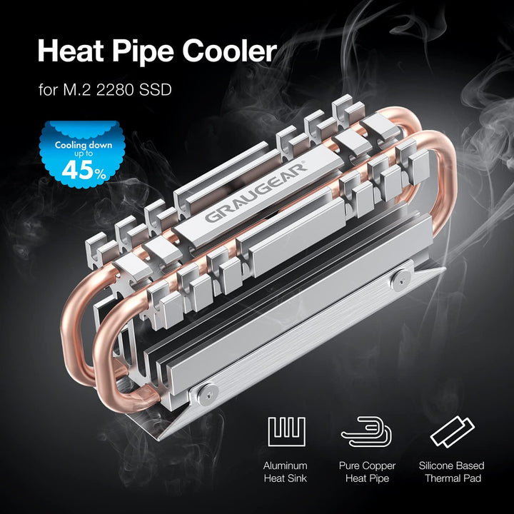 GRAUGEAR M.2 2280 NVMe SATA SSD Kühlkörper, Direct Touch Heatpipe, Dual-Kupfer-Heizrohre, Aluminiuml