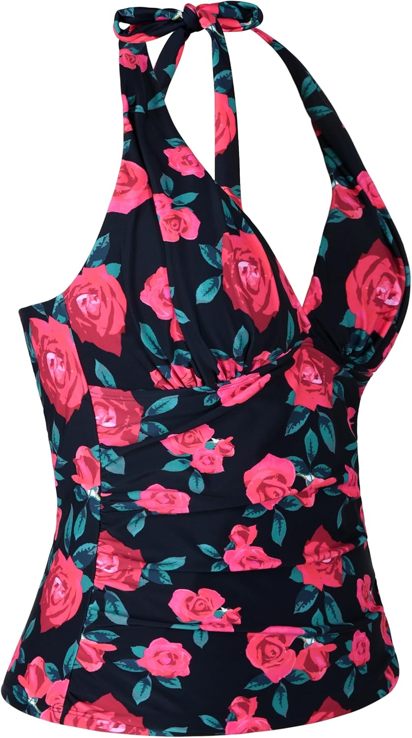 Hilor Women's Plunging V Neck Halter Swim Tops Shirred Tankini Top New Version Red Rose 12