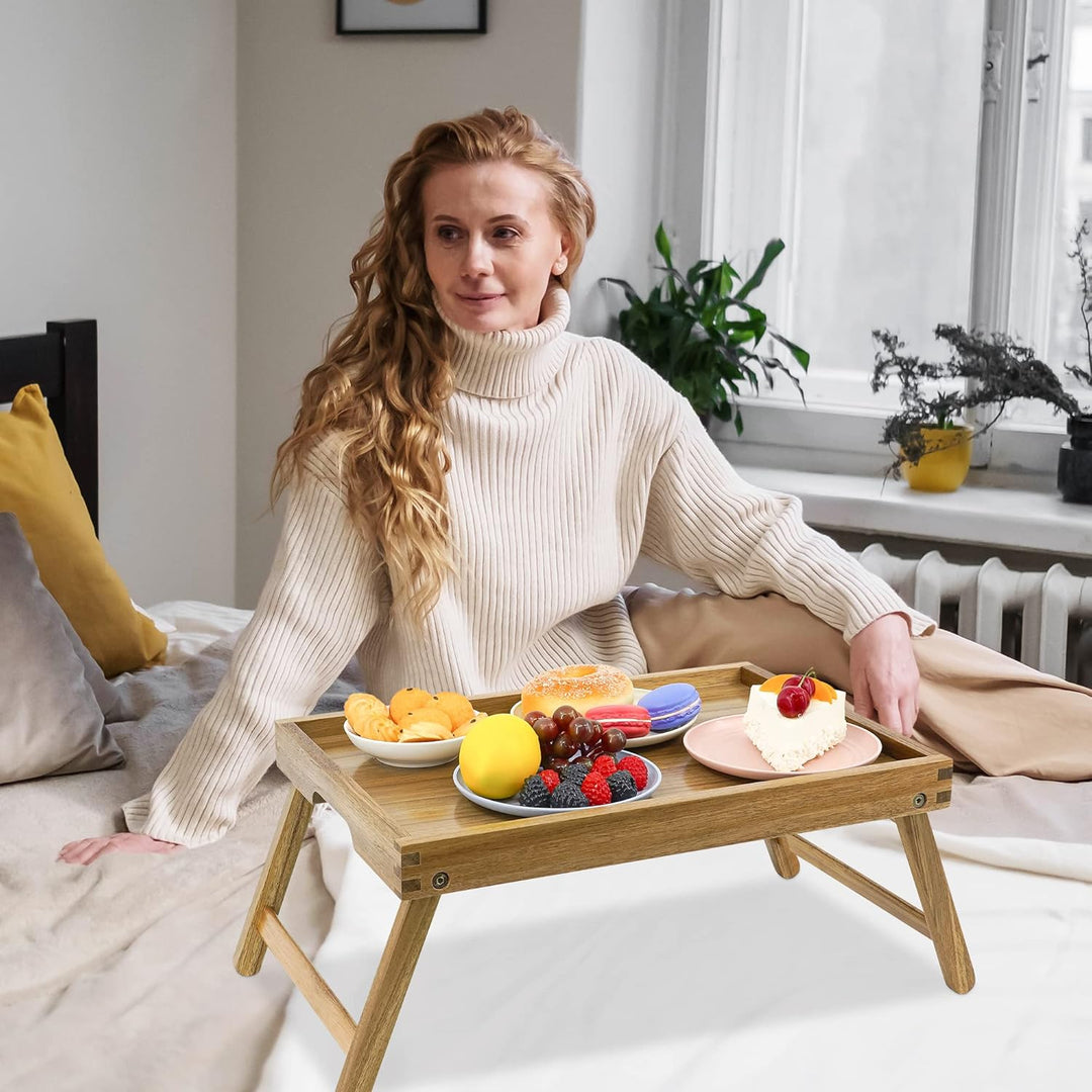 VaeFae Akazie Bett Tisch Tablett, Holz Frühstückstablett mit Klappbeinen, Betttablett für Essen und