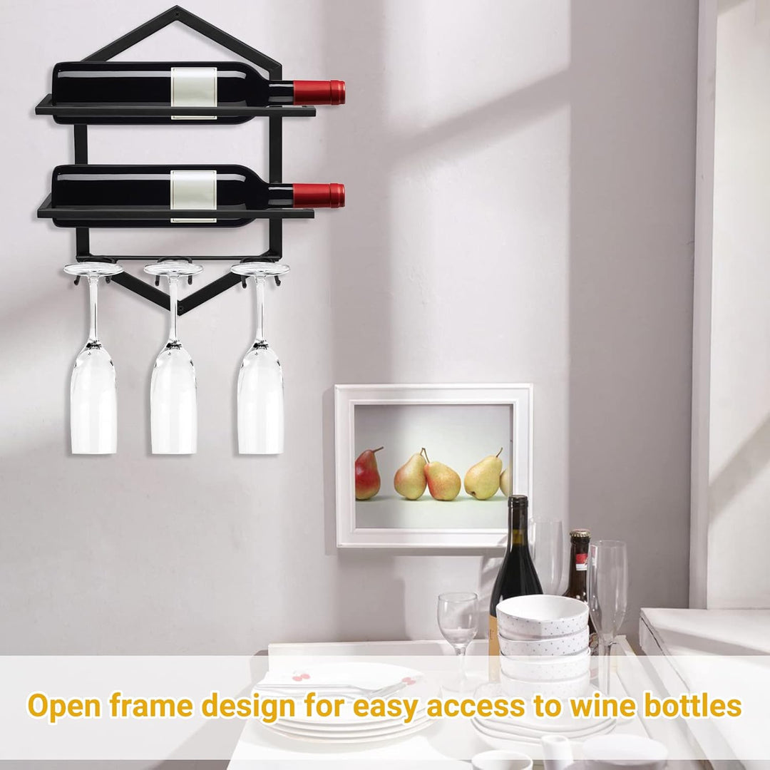 Metall Wandmontierter Weinhalter Rack, Weinglashalter Hängend Stehen Organizer für 2 Flaschen und 3