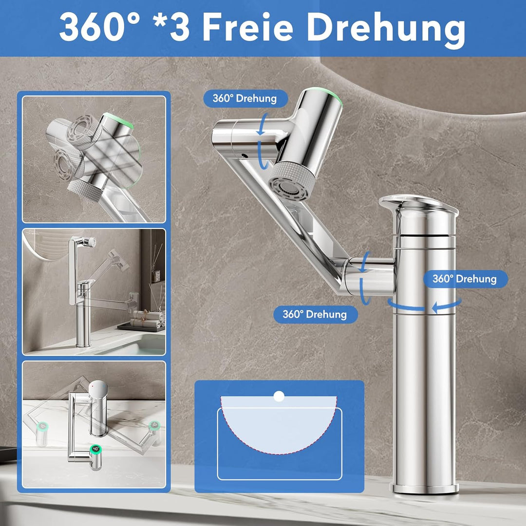 JONKEAN Wasserhahn Bad mit Temperaturanzeige(Batterielos), 1080° Drehbar Einhebelmischer Waschbecken