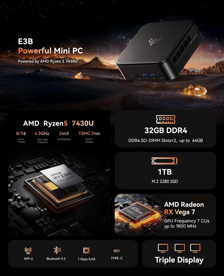 NiPoGi Mini PC 32GB DDR4 1TB SSD, AMD Ryzen 7 5700U(Bis zu 4.3 GHz,8C/16T) Micro Desktop Computer Fü