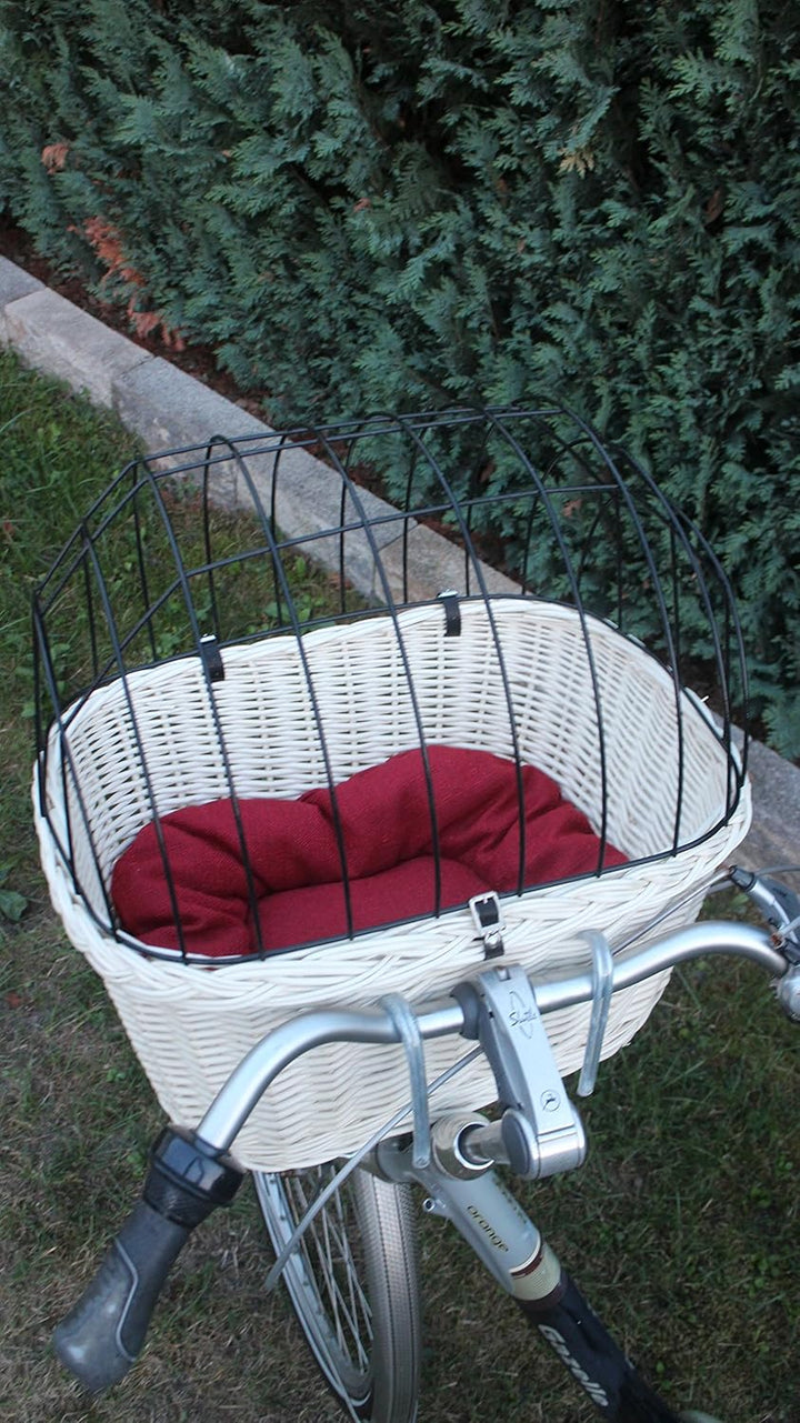 Hundefahrradkorb für Fahradlenker aus Weide mit Metallgitter und Kissen L, XL oder XXL weiss (XL mit