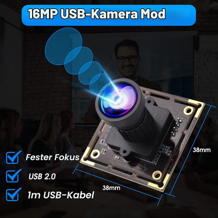 ELP 16MP USB-Kameramodul Weitwinkel 110 Grad Keine Verzerrung Objektiv Webcam, Ultra HD 3496P USB-Ka