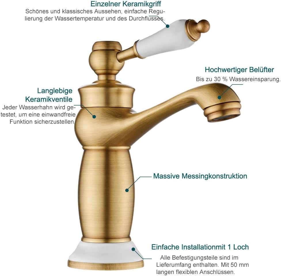 Traditioneller Wasserhahn Bad, Retro Viktorianische Waschtischarmatur mit Keramikgriff, Vintage Einh