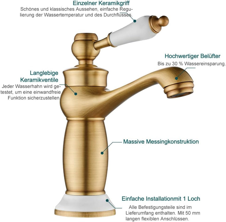 Traditioneller Wasserhahn Bad, Retro Viktorianische Waschtischarmatur mit Keramikgriff, Vintage Einh