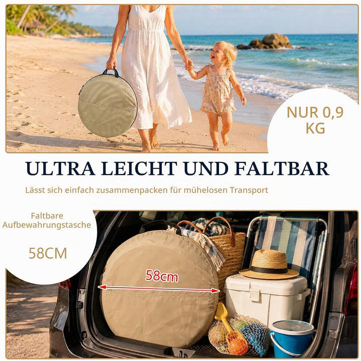 Strandmuschel Pop Up – Grosses, Tragbares Strandzelt für 3-4 Personen, Automatischer Aufbau, Sonnens