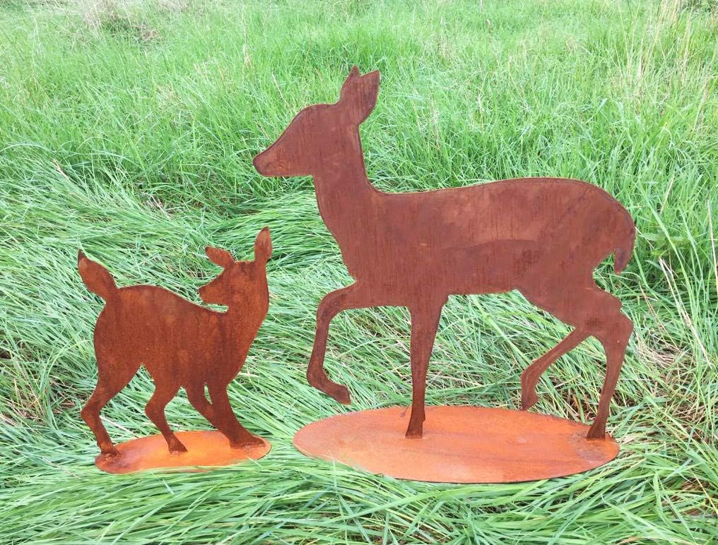 2er Set REH gehend 56cm mit Rehkitz zurück schauend 37cm Hirsche Kitz Geweih Rehe Rost Edelrost Meta
