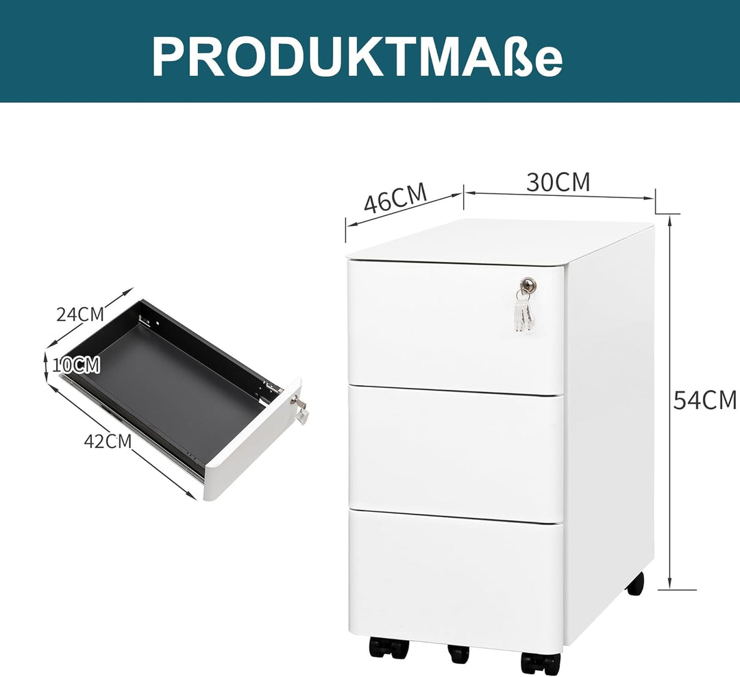 LVSTEEL Aktenschrank mit 3 Schubladen und Schloss,Weiss, OFC332W01, Weiß 53,7cm H*30,0 cm W-3 S