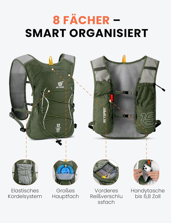 SKYSPER Laufweste für Damen Herren 12L Laufrucksack mit 500ml Trinkflasche Reflektierende Trinkweste