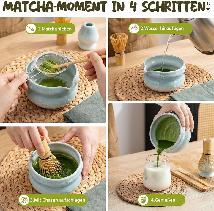 Matcha Set 8-Piece Premium Tea Ceremony Kit with Ceramic Bowl, 100+ Tines Bamboo Whisk (Chasen), Hol