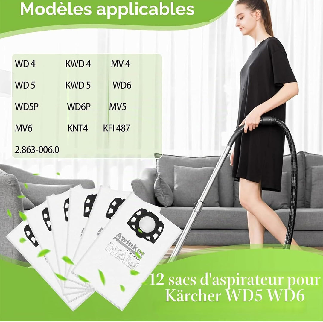 10 Stück Staubsaugerbeutel für Kärcher 2.863-006.0 Vliesfilterbeutel 487 Ersatzbeutel WD4 WD5 WD6 WD