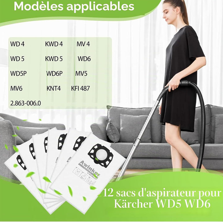 10 Stück Staubsaugerbeutel für Kärcher 2.863-006.0 Vliesfilterbeutel 487 Ersatzbeutel WD4 WD5 WD6 WD