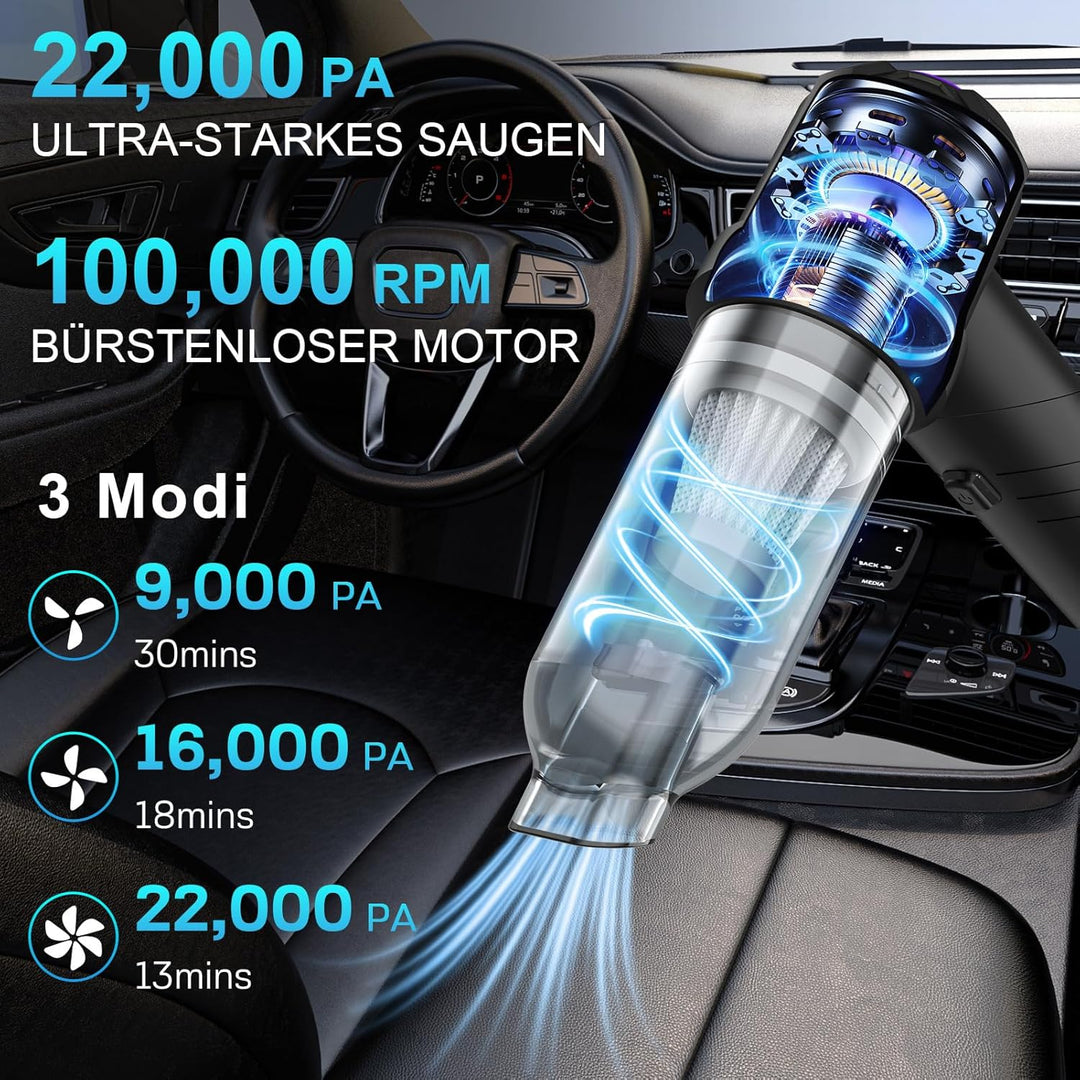 4 in 1 Handstaubsauger Akku Kabellos, 22000Pa Autostaubsauger mit Bürstenloser Motor, 3 Stufen Saugs