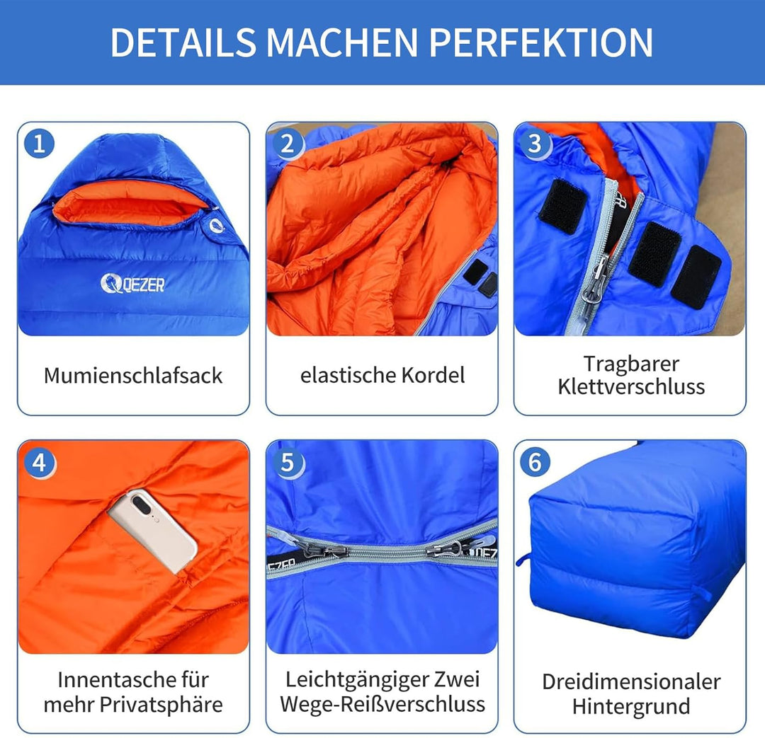 Daunenschlafsack,Warmer Leichter Winter Schlafsack 0°C bis -23°C für Erwachsener und Kind 4 Jahresze