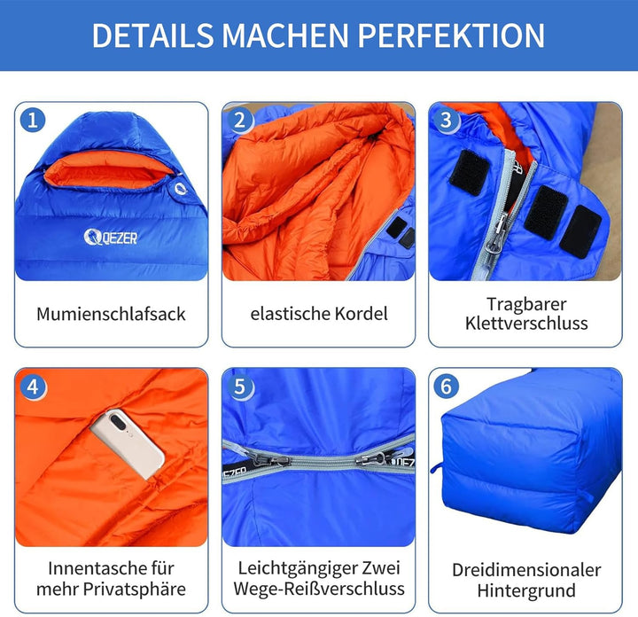 Daunenschlafsack,Warmer Leichter Winter Schlafsack 0°C bis -23°C für Erwachsener und Kind 4 Jahresze