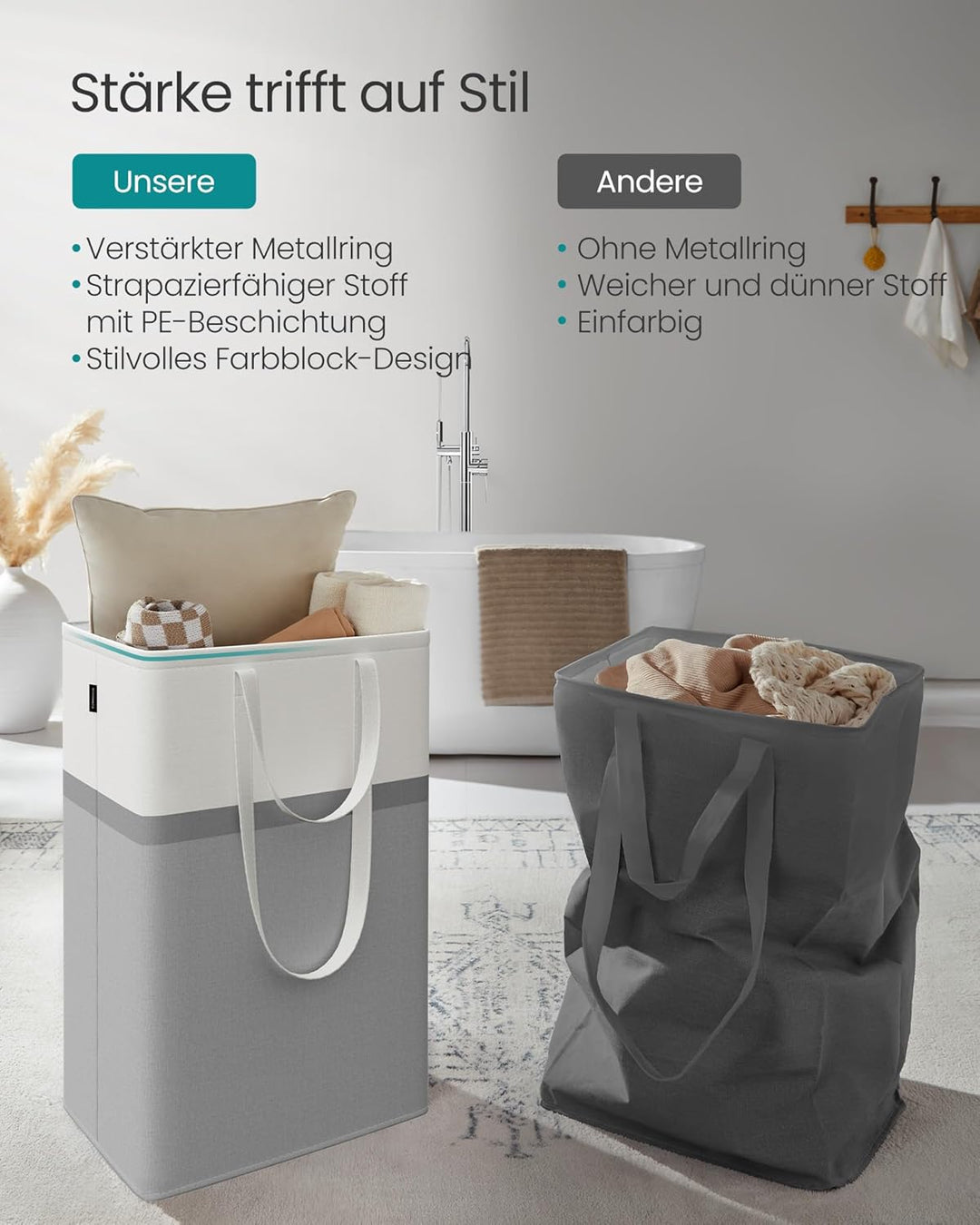 SONGMICS Wäschekorb 2er Set, 75 L Wäschesammler faltbar, mit kurzen und langen Griffen, leicht zu tr