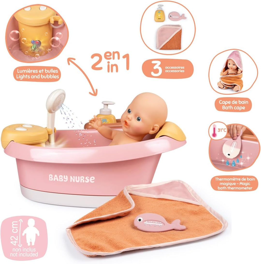 Smoby – Baby Nurse Puppen-Badewanne – Elektronisches Spielmodul mit Wasserstrahlen, LED-Licht, Blase