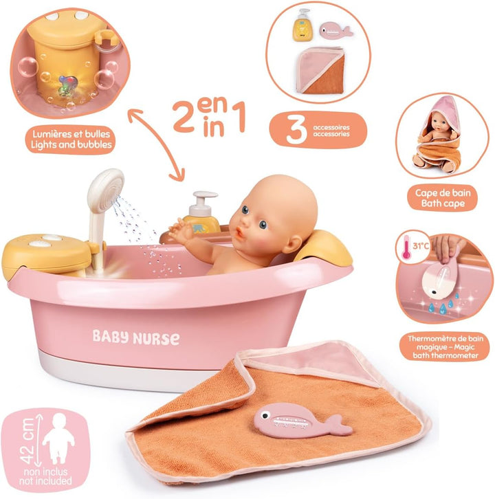 Smoby – Baby Nurse Puppen-Badewanne – Elektronisches Spielmodul mit Wasserstrahlen, LED-Licht, Blase