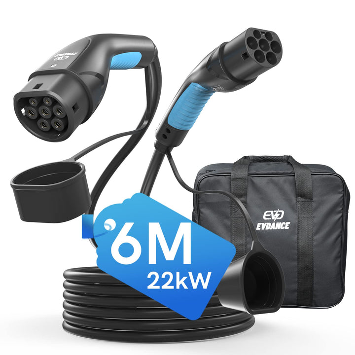 EVDANCE Typ 2 Ladekabel 22KW 6m 32A 3 Phasig, Ladekabel Typ 2 mit Tasche für E Auto EV/PHEV, Typ 2 a