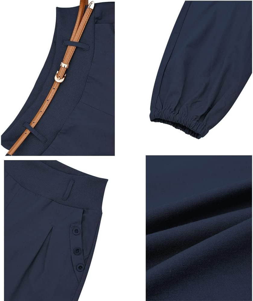 Cindeyar Damen Haremshose Elegant Pumphose Lange Leinen Hose mit Gürtel Aladin Pants S Dunkelblau, S