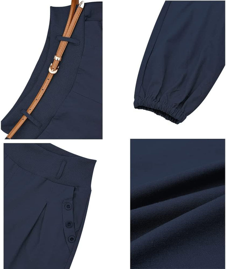 Cindeyar Damen Haremshose Elegant Pumphose Lange Leinen Hose mit Gürtel Aladin Pants S Dunkelblau, S