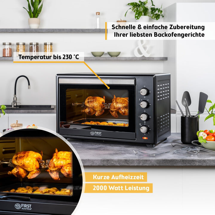 TZS First Austria Minibackofen, 2000 Watt, 60L, mit Innenbeleuchtung, Umluft-Funktion, Drehspiess fü