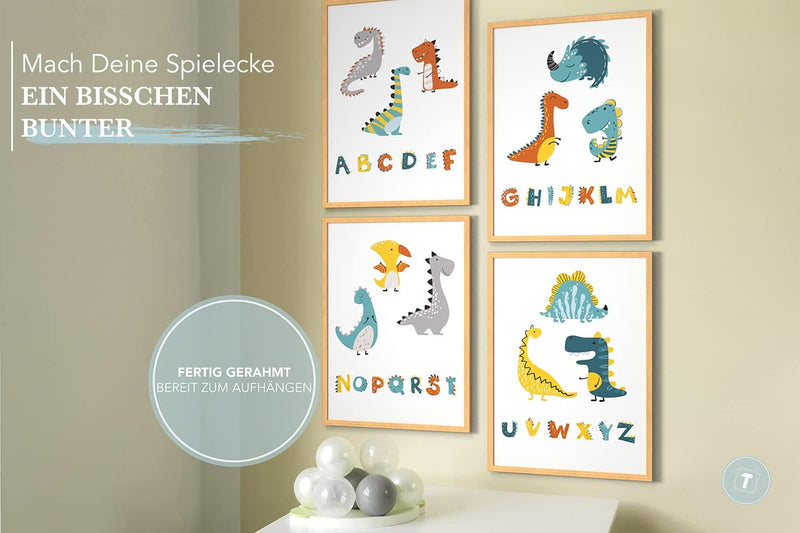 Papierschmiede® Kinderbilder 4er Set, A4 gerahmt in Holzrahmen (Natur), Geschenk für Jungen Wanddeko